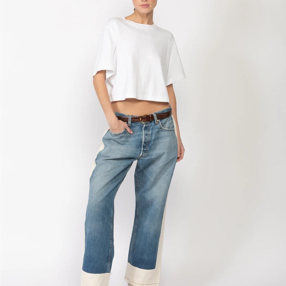 B SIDES Two-Tone Blue and Cream Flare Jeans